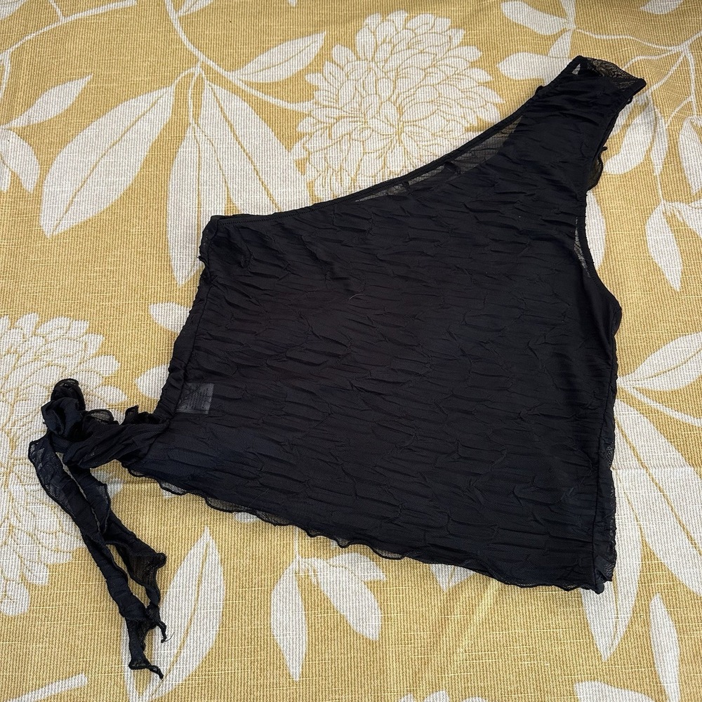 Tiered Ruffled One Shoulder Crop Top Size L Black Textured Side Tie Feminine - Picture 2 of 6